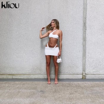 Solid Summer 3 Piece Sets Female Asymmetrical Skew Collar Bra Midnight Clubwear Top+Sexy Underpants+Skirt Matching Set